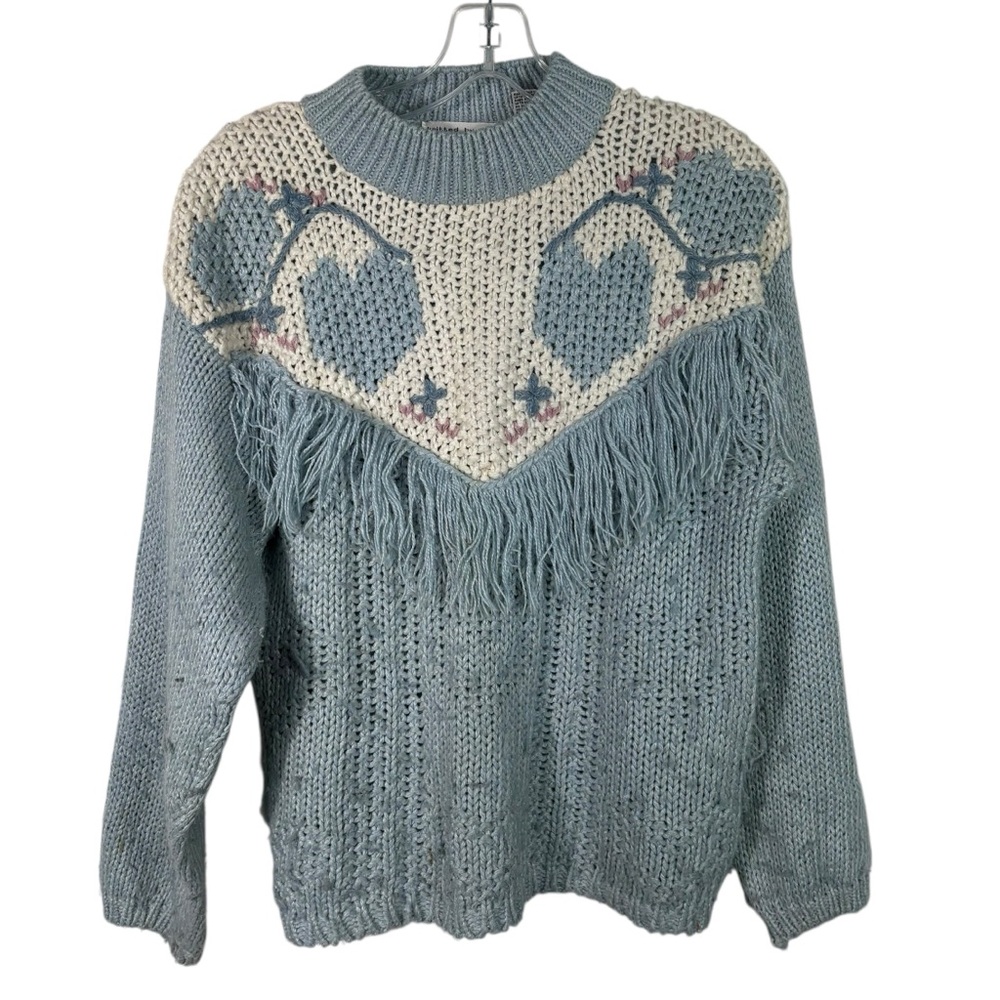 Vintage 80s Knitted By Hand Allison Brittney Blue Heart Design Fringe Sweater S - Picture 1 of 8